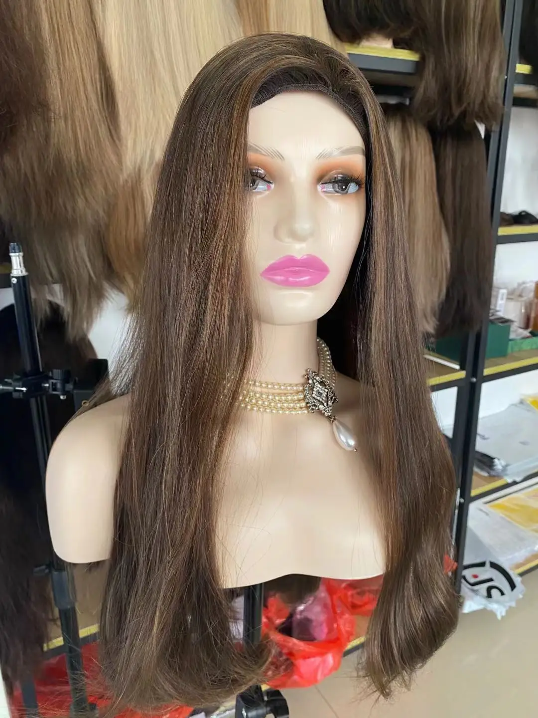 

Long 26 Inch Hair Full Density Natural Straight Hair 4/10 Highlight Color Jewish Kosher Band Fall Wig