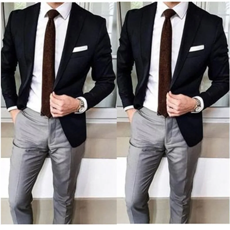 Traje de dos piezas personalizado para hombre, esmoquin para boda, Blazer de negocios, trajes de fiesta de disfraces con solapa de pico (chaqueta negra + pantalón gris)