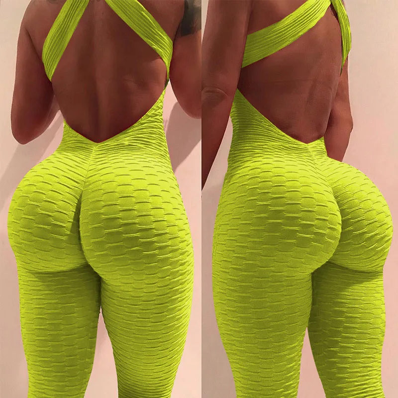 Sexy Backless Jumpsuits Women Solid Fitness Push Up Yoga Suits Elastic Seamless Jacquard Bubble Gym Sportswear Workout Clothes