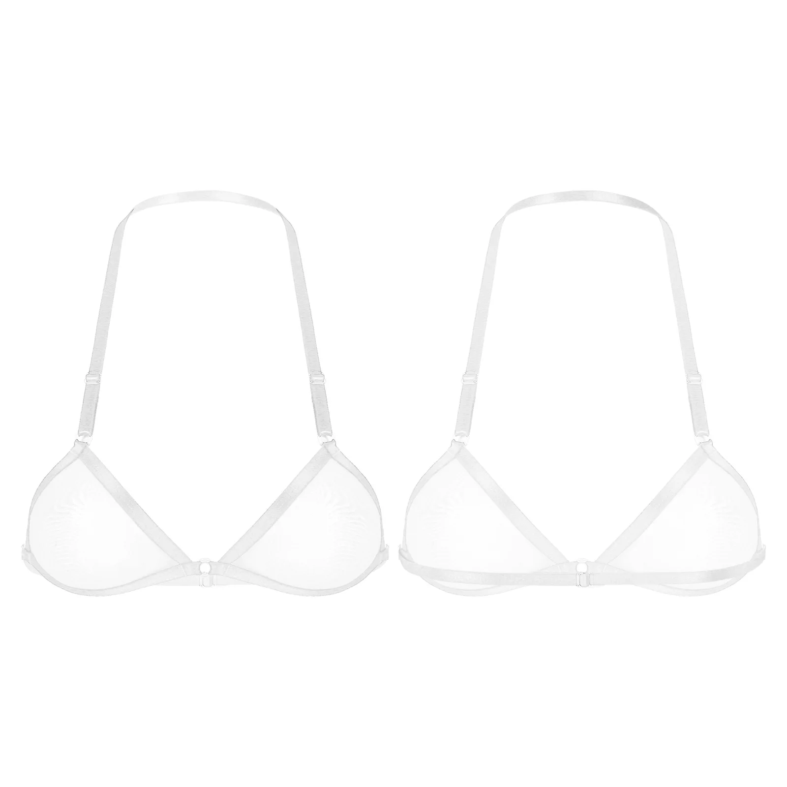 Women White Adjustable Straps Halter Unlined Wireless Bra Underwear See through Sexy Lingerie Mesh Brassiere Bikini Top Bra