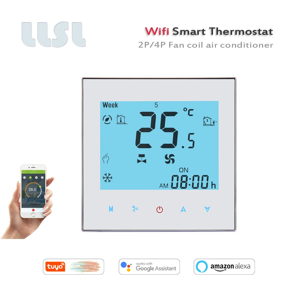 Termostato da bobina do fã do termostato 2p 4p de 24vac 95-240vac tuya wifi, trabalha com alexa casa do google