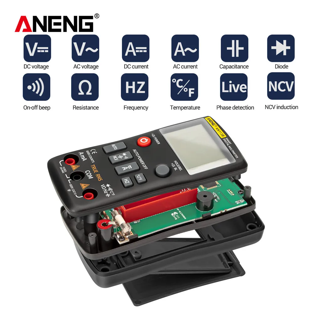 Digital Multimeter True RMS with Temperature Tester AN113B  6000 Counts Auto-Ranging AC/DC Transistor Voltage Meter