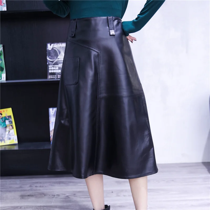 

Casual Women A-Line Skirts Spring New High Waist Real Leather Sheepskin Skirts Luxury Brand Office Lady Long Skirts M-3XL