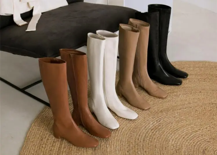 Moda mulher preto marrom branco couro macio dedo do pé quadrado joelho botas altas feminino 30 mm saltos com zíper lado confortável botas longas