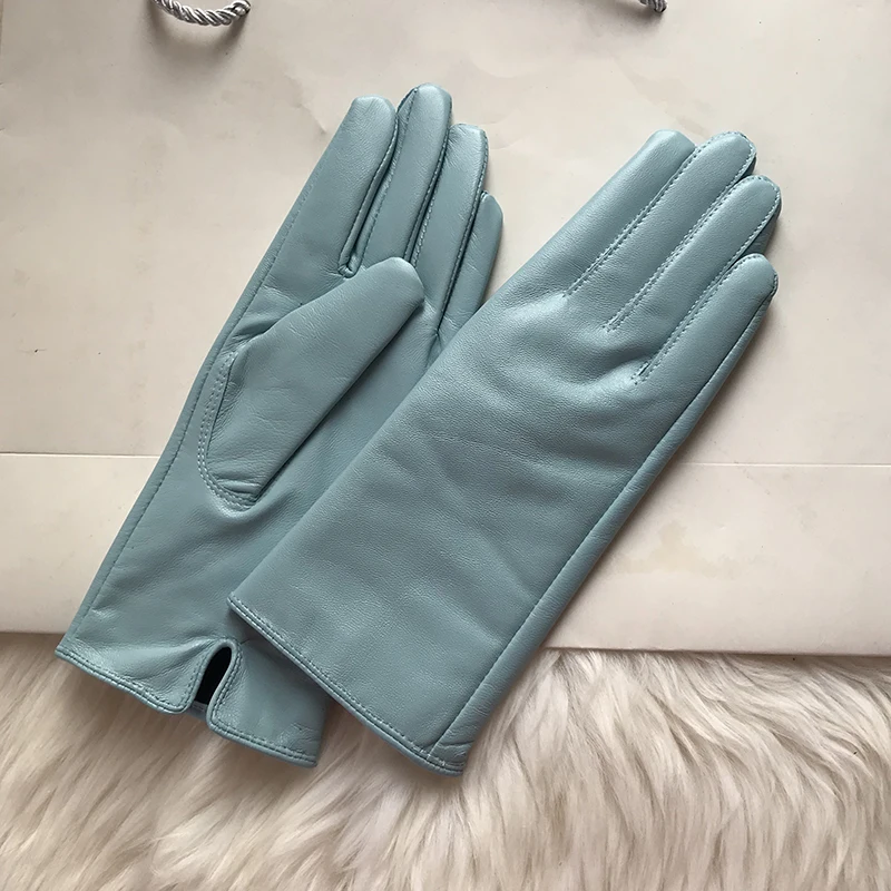 Genuine Leather Gloves 24cm Women Light Blue Thin Rayon Lining Straight Edition Style Men Pure Sheepskin Glove Color Driving