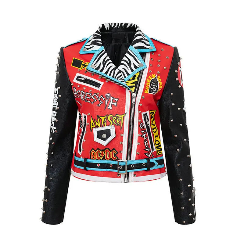 Spring and Winter Faux Leather Jacket Women Skull Graffiti Studded Rivet Fashion Short Motorcycle Jackets