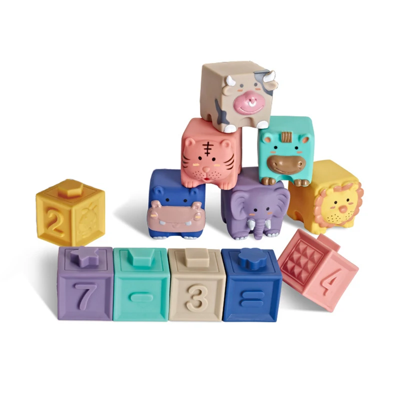 Silicone Building Blocks for Baby Teethers Toys Soft 3D Cartoon Animal Number Early Education Puzzle Bath Toy Boys Girls Gift