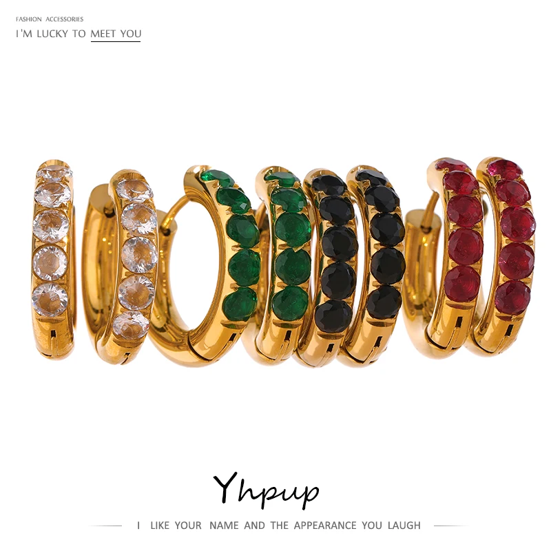 Yhpup Colorful Crystal Huggie Earrings for Women Stainless Steel Golden Unusual Hoop Earrings bijoux acier inoxidable femme