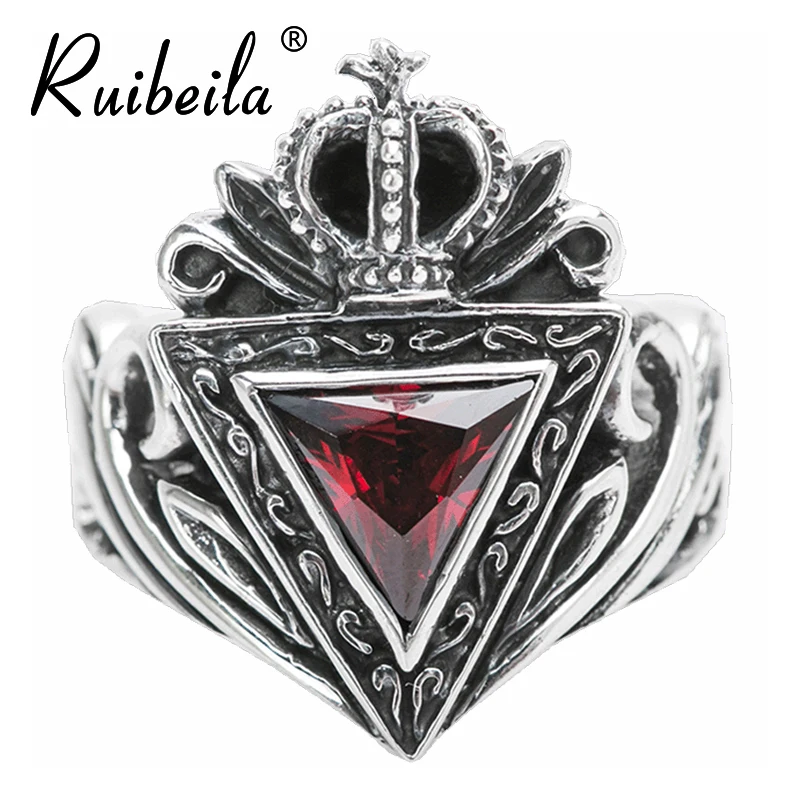 ruibeila100% 925 silver triangle gemstone crown pattern hollow retro men's ring classical personality Thai silver jewelry