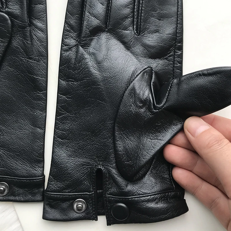 Unlined Gloves Wrist Button Sheep Leather Touch Screen Winter Gloves For Men Black Thin Lining Genuine Leather