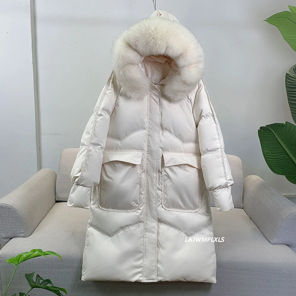 Winter Loose Windbreak Long Coat Women Real Natural Fur Hooded Jacket 90% White Duck Down Coat Thick Warm Snow Outwear