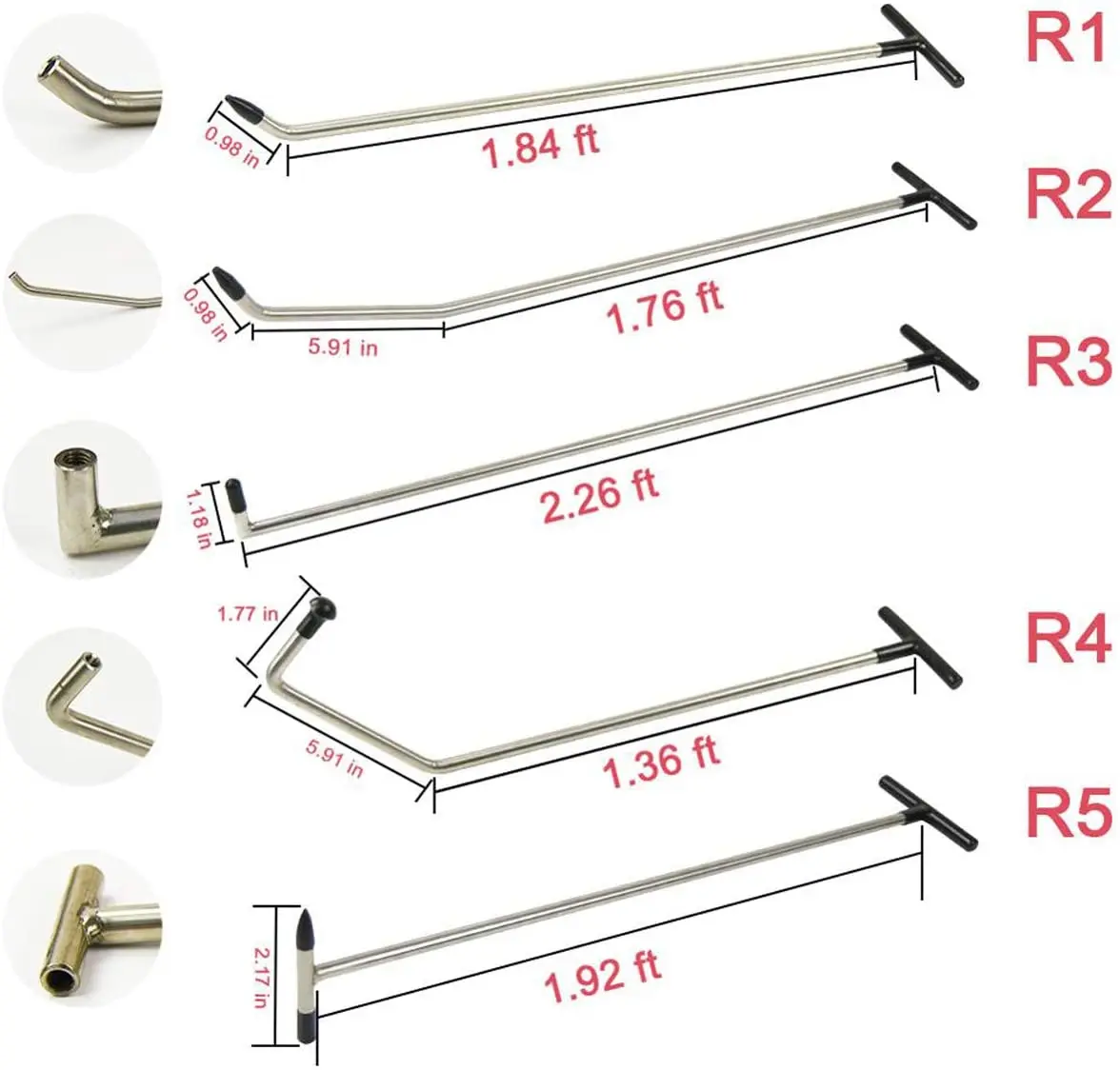 Imagem -02 - Conjunto de Hastes para Remoção de Amassados Automotivos Cabeças Afiladas e Gancho s para Carros Kits de Reparo sem Dor de Amassados