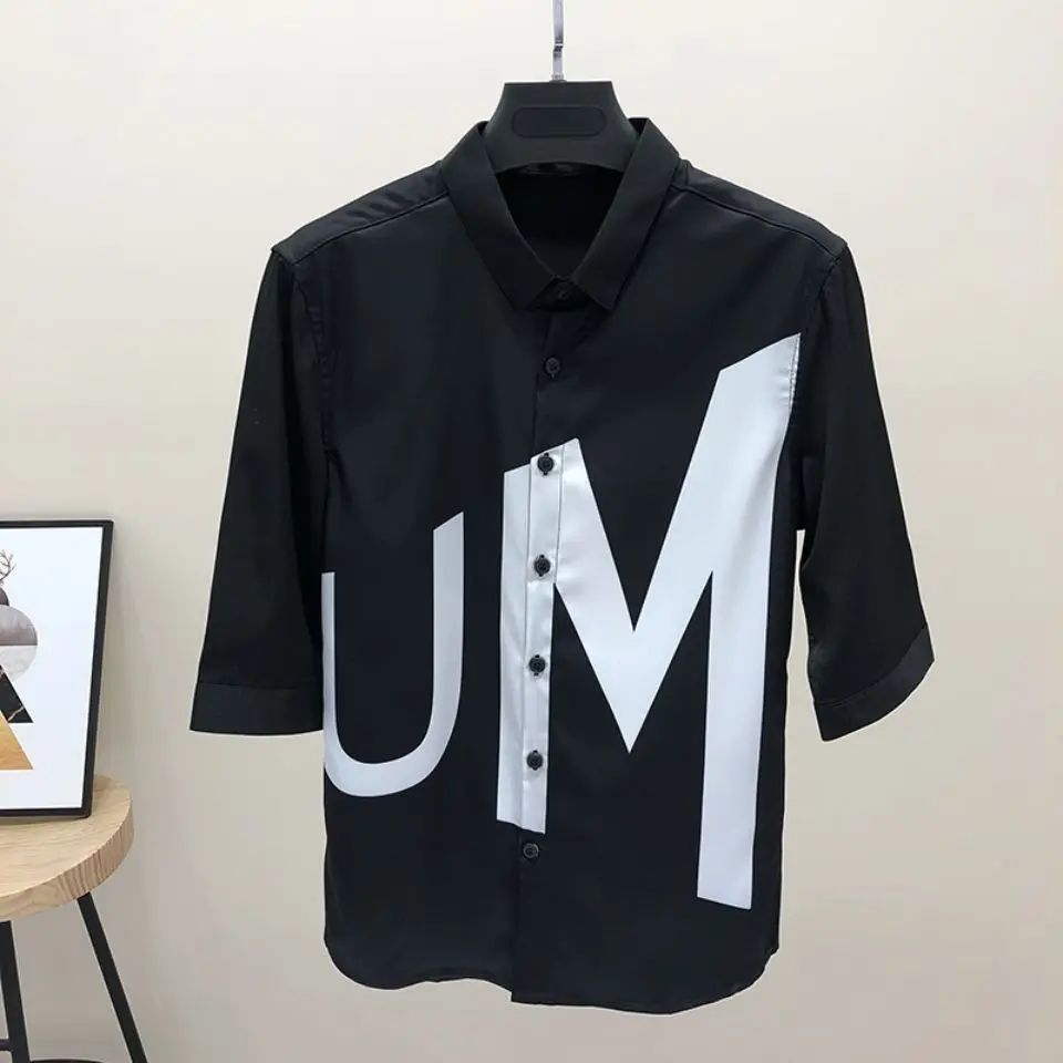 Summer men's shirt five-point sleeve shirt Korean fashion handsome printed shirt men's tide summer thin sleeve