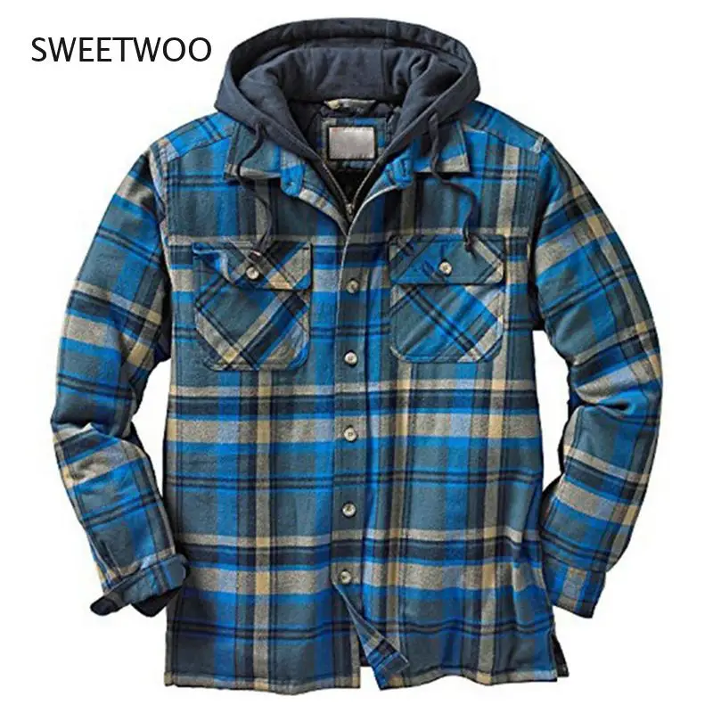 Winter Jackets Men Plaid Coat Warm Hooded Parkas Windbreaker Outerwear Casual Loose Sports Jacket