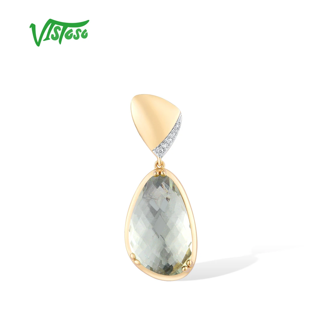 

VISTOSO Pure 14K 585 Yellow Gold Pendant For Women Shiny Diamond Geometric Irregular Green Amethyst Anniversary Fine Jewelry