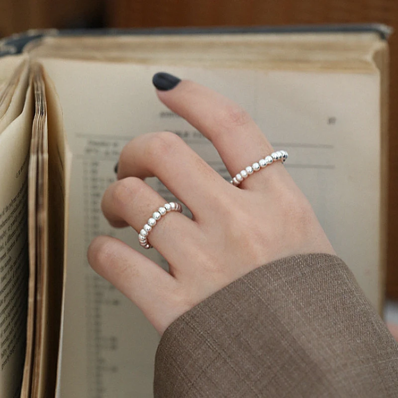 F.I.N.S Minimalist Elastic Rope Transfer Beads S990 Sterling Silver Ring Adjustable Finger Ring Stackable Beadwork Rings