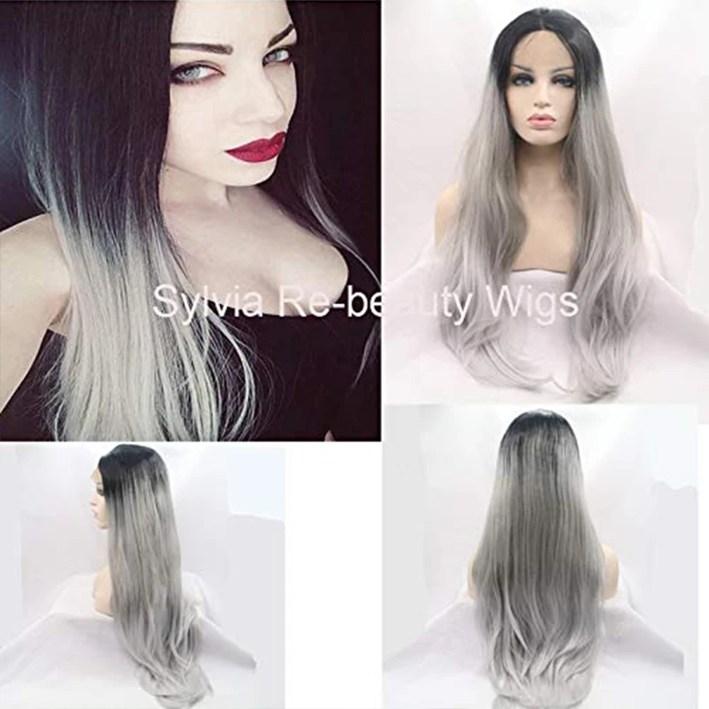 Cosplay Long Black Straight Synthetic Lace Front Wig Curly Body Wave Ombre Dark Roots Gray Hair Frontal Glueless Wigs For Women