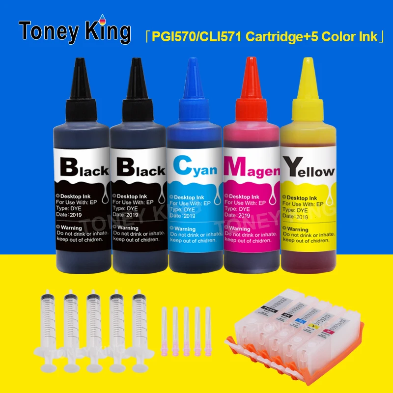 

Toney King Refill Ink Cartridge for Canon PGI570 CLI571 + 500ml Bottle Ink for PIXMA TS5050 TS5051 TS5053 Printer PGI 570 XL