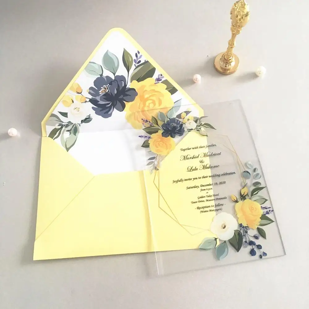 Yellow Flower Acrylic Wedding Invitation Cards Wholesale Price Paper Wedding Favor Laser Cut Printing Invitation Cards  10sets