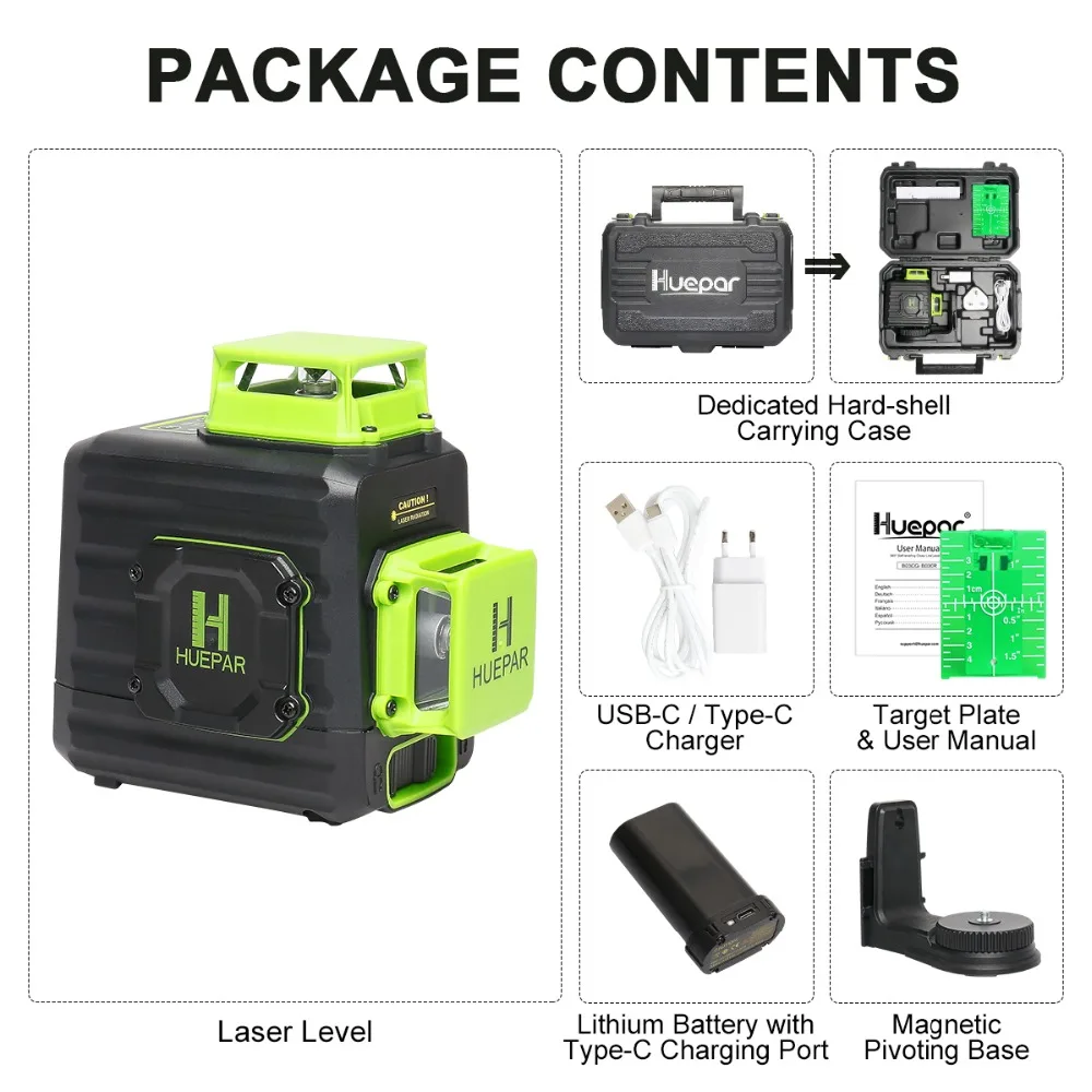 Huepar 2X360 Baterai Li-ion Sinar Hijau Level Laser Perata Mandiri Garis Silang dengan Port Pengisi Daya Tipe C & Casing Keras