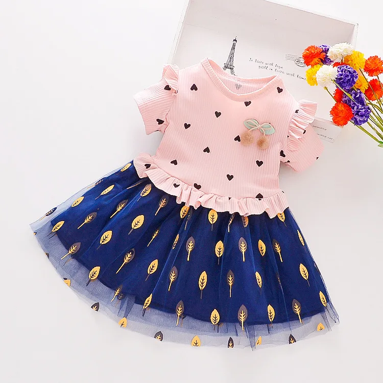 Yaz bebek giysileri kız elbise moda baskı örgü çiçek yay prenses elbise bebek kız giyim