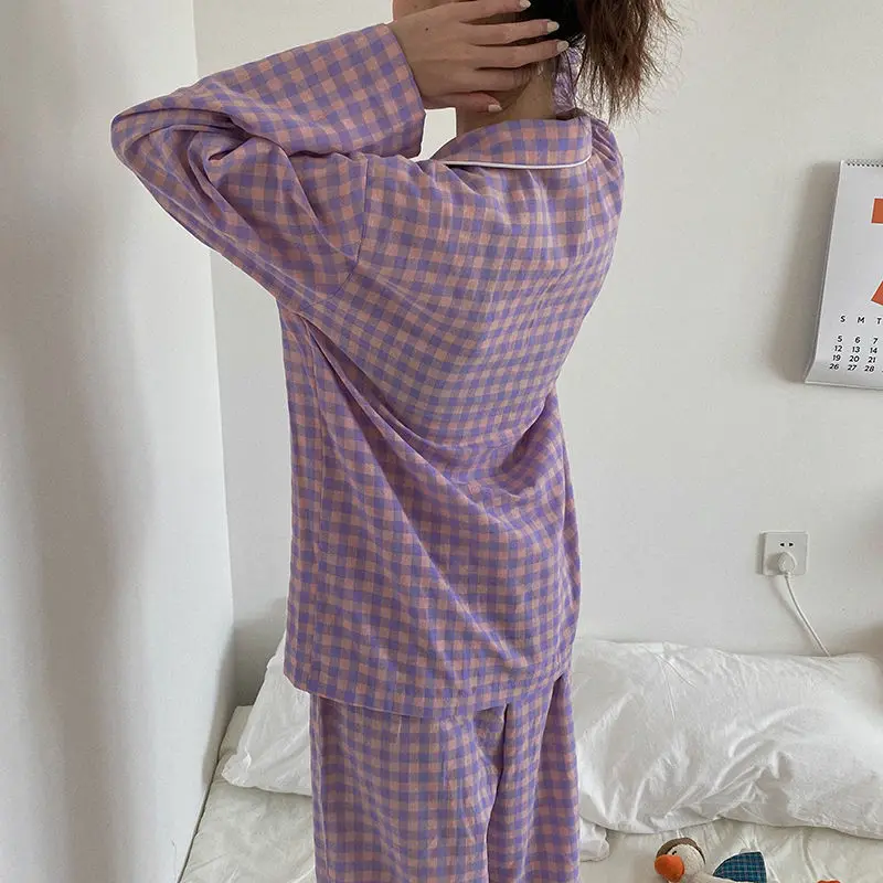 Autumn Pajama Sets Ulzzang Plaid Preppy Long Sleeve Soft Lovely Girls Nightwear Loose Trendy Daily Chic 2 Piece Womens Sleepwear