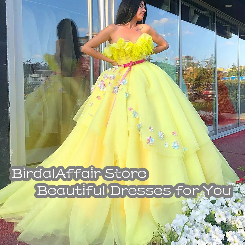 Bridalaffair deslumbrante amarelo querida pescoço vestidos de baile longo inchado pena 3d flores baile baile baile baile baile vestidos festa de gala