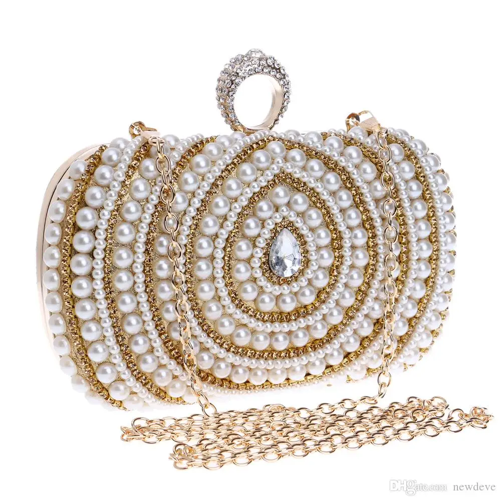 Retro Pearl Diamonds Wedding Bag Gold Silver Bling Bling Beaded Diamonds Dinner Bags Female Handbag Celebrity Evening Dress Bag