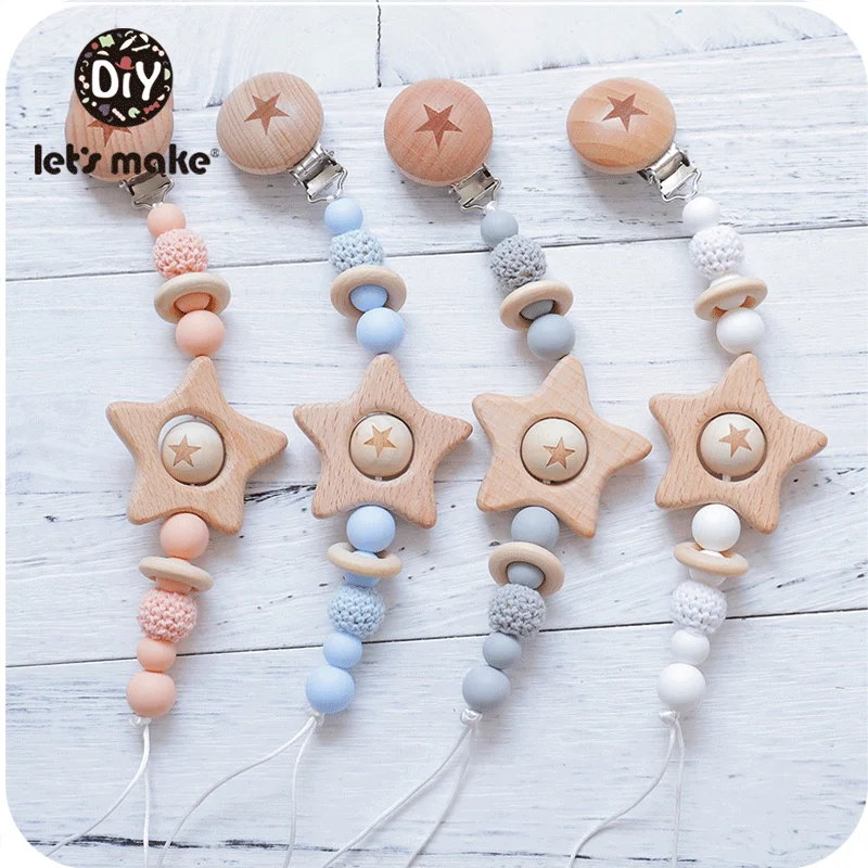 Let\'s Make 1PC Pacifier Chain Baby Teether Beech Star Wooden Clip Geometric Crochet Beads Pacifier Clip Chain Kids Tiny Rod Toys