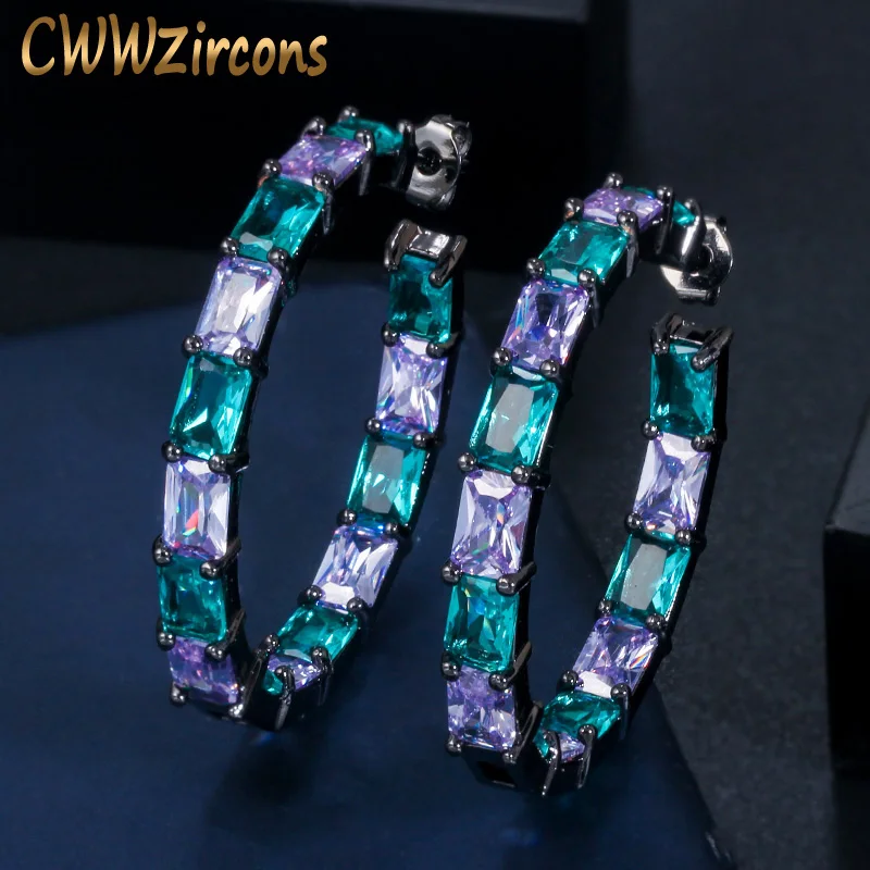 CWWZircons Luxury Designer Brazilian Zirconia Bamboo Big Circle Round Blue CZ Crystal Hoop Earrings Jewelry for Women CZ620