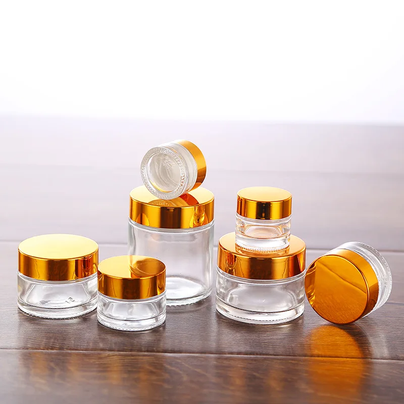 12x 5g 10g 15g 20g 30g 50g 100g Travel Mini cream glass jar clear glass container with gold black silver cap Cosmetic Packaging