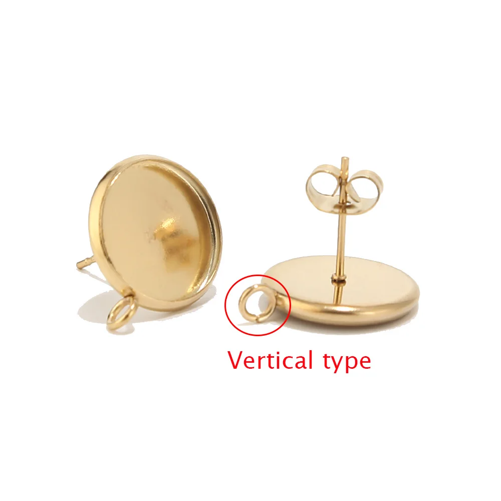 40pcs Wholesale Gold Earring Posts Studs Settings Bezels Cabochons Tacks with Loop 12mm Glue Pad Setting