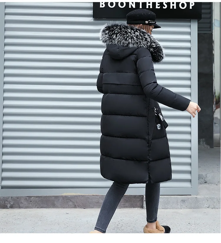 2025 Women's Down Parkas Winter Jacket Big Fur Collar Thick Slim Coat Fashion Hooded Cotton Outerwear Long Winter Woman Coat