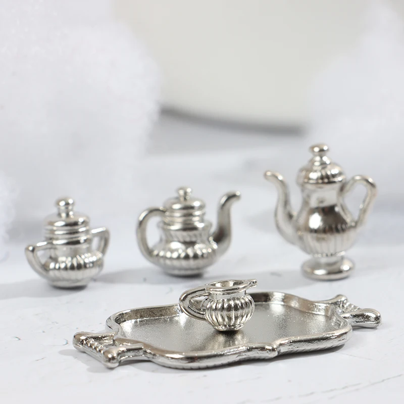 New 5pcs/Set 1:12 Dollhouse Miniature Metal Kitchen Tea Set Pot Flagon Plate Model  For Dollhouse Decoration