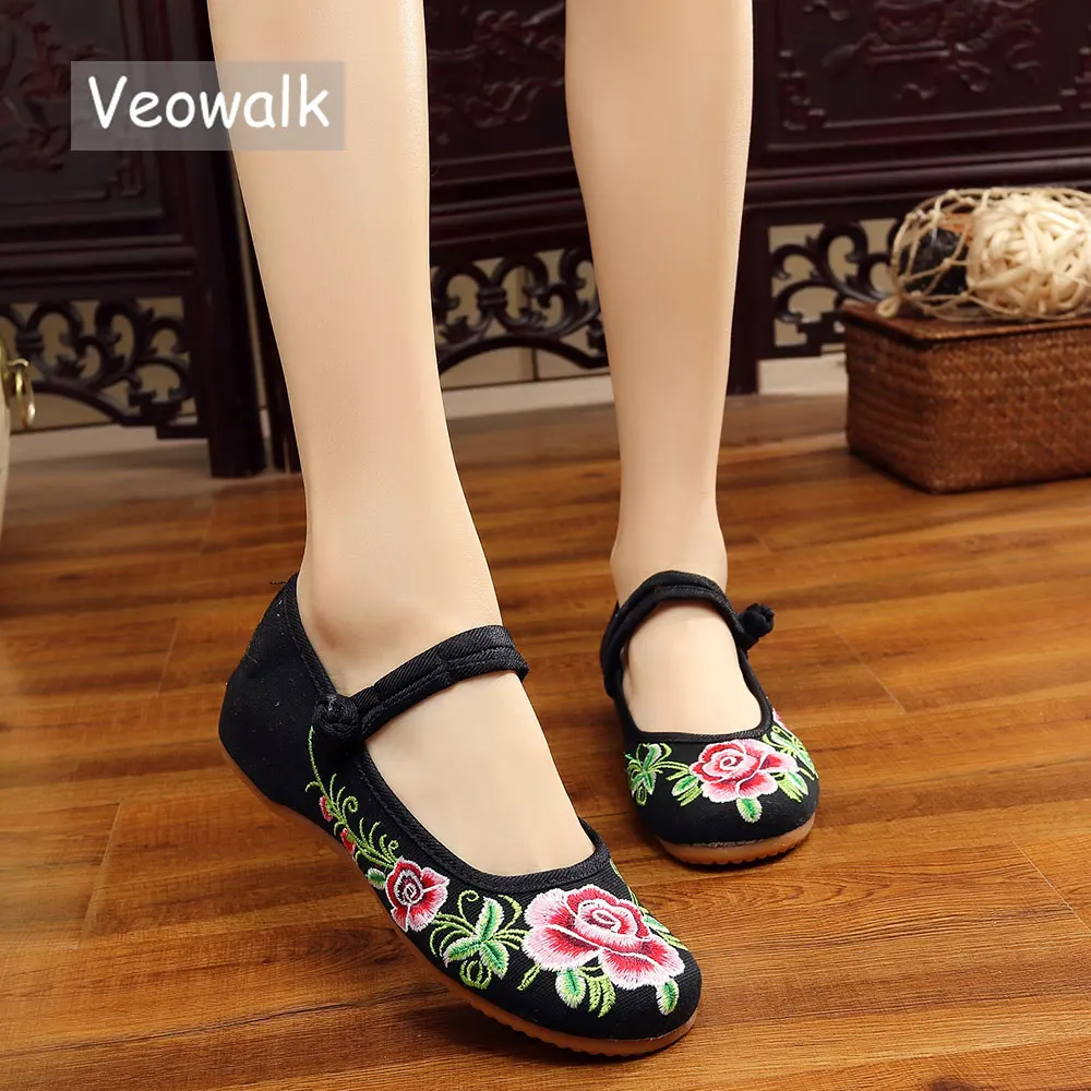 Veowalk Vintage Women Cotton Fabric Ballet Flats Flower Embroidery Canvas Ballerinas Comfortable Casual Walking Shoes for Ladies