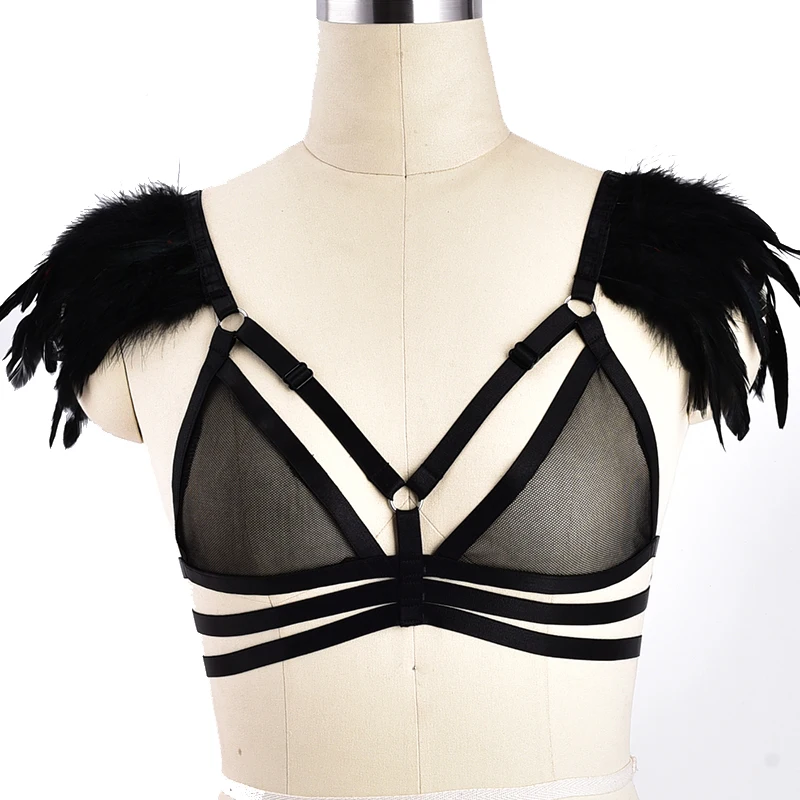 Black Gauze Feather Epaulets Harness Bra Angle Wing Top Cage Chest Lingerie Punk Pastel Gothic Burning Pole Dance Clothing