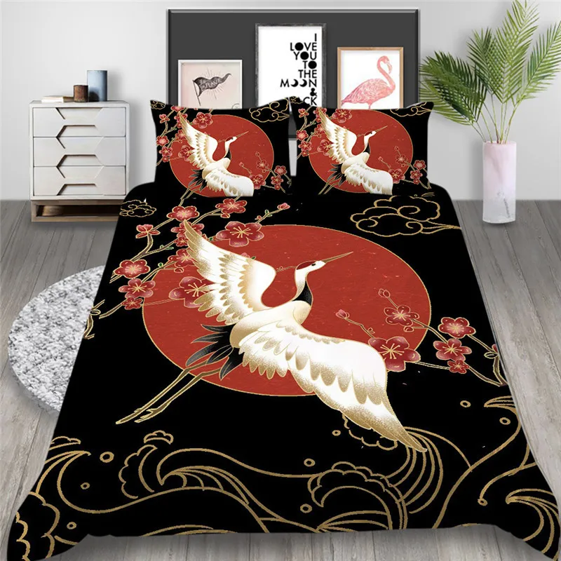 Bedding Set Queen Size Luxury Duvet Cover Set Red-crowned Crane Design Retro Classic 3D HD Printing