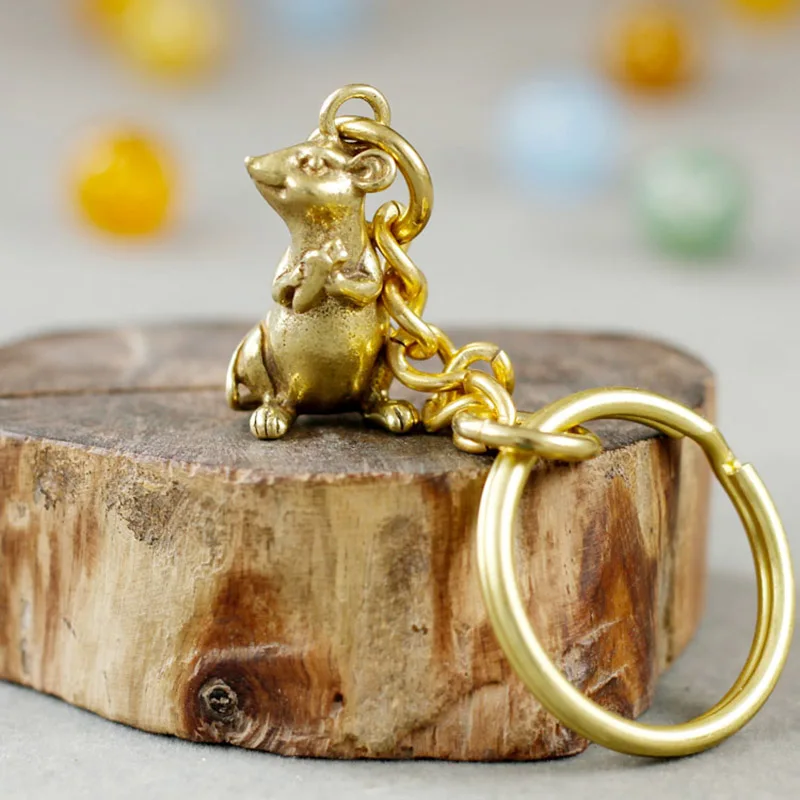 Copper Rat Keychains Pendants Vintage Brass Zodiac Animal Mouse Key Rings Charms Creative Men Lucky Key Holders Bag Hanging