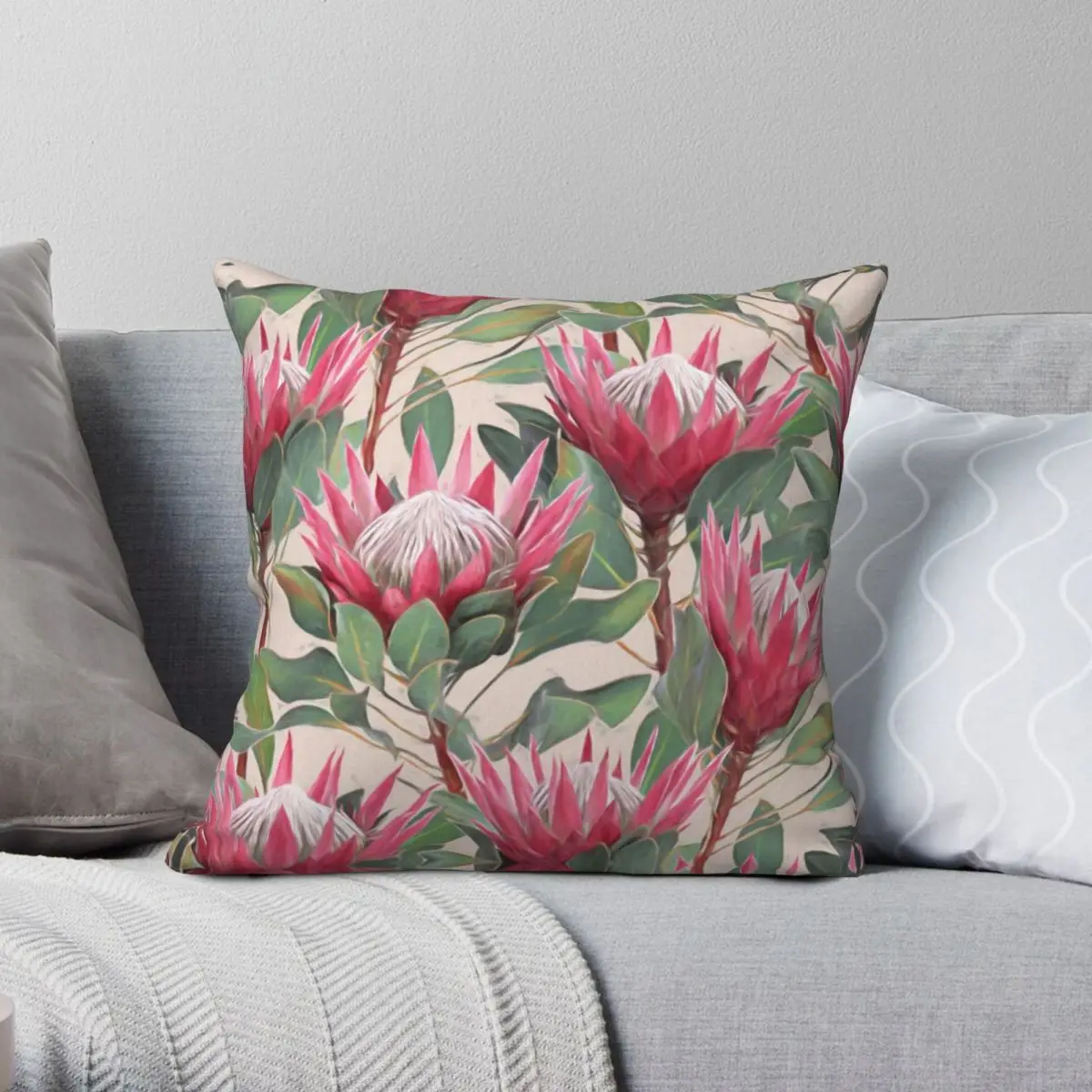 Painted King Proteas On Cream Square Pillowcase Polyester Linen Velvet Creative Zip Decor Pillow Case Room Cushion Cover