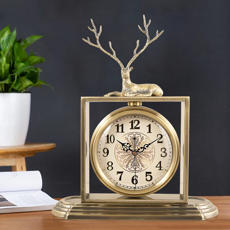 Metal Deer Table Clocks, Non-Ticking Tabletop Clock Battery Operated Mantel Desk Clock with HD Glass for Bedroom Living Room