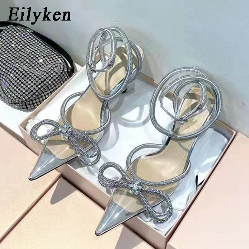 Eilyken Style Glitter Rhinestones Silk Transparent Pumps Women Crystal Bowknot Satin High Heels Party Prom Stripper Shoes