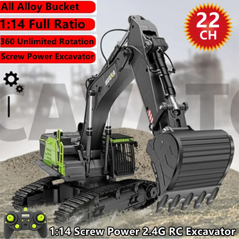 

1:14 Screw Power Large Remote Control Excavator Truck 2.4G 22CH LED Lighting Unlimited Rotation Alloy Bucket RC Excavator Truck