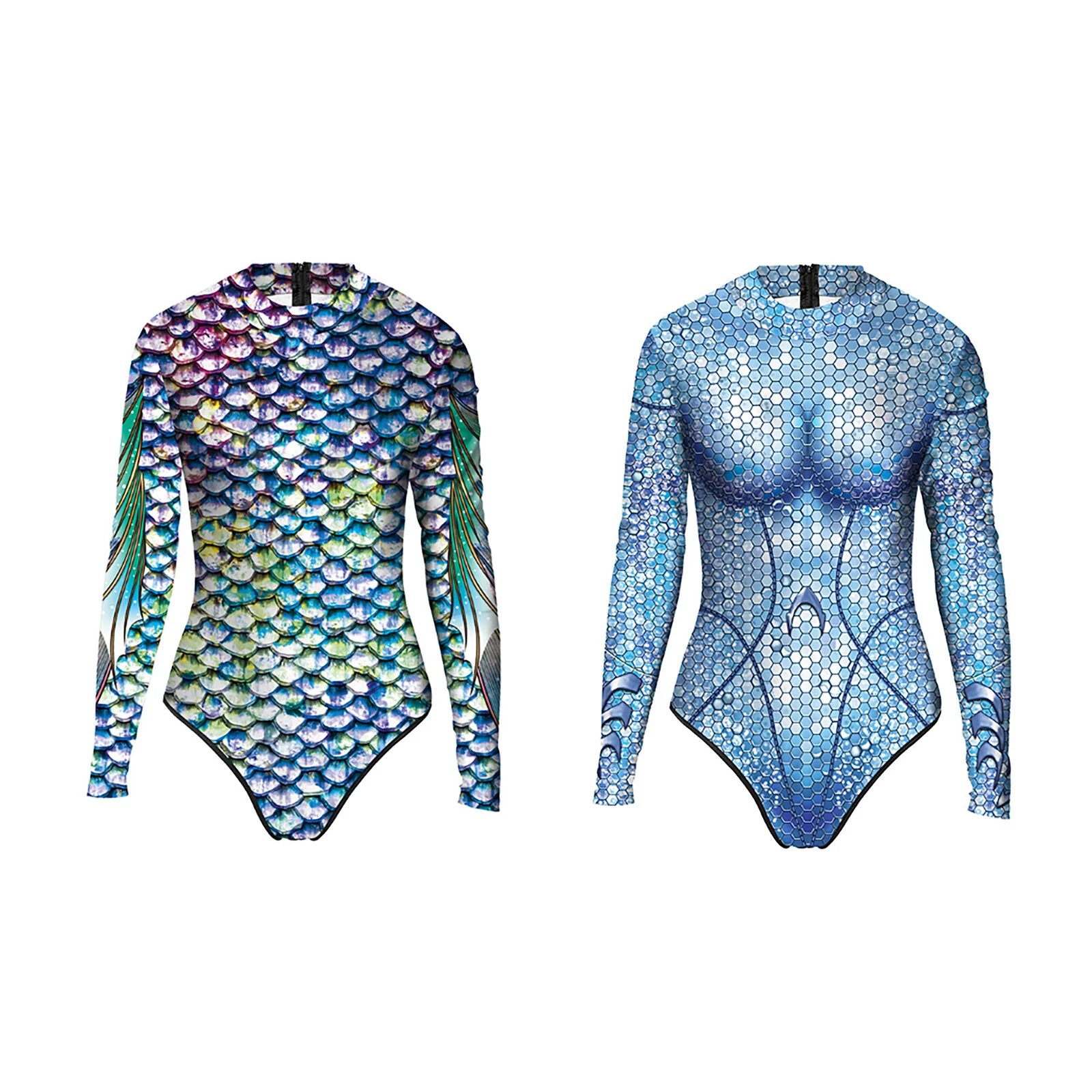 Women Mermaid Costumes Beachwear Bodysuit Long Sleeves Fish Scales Print Back Zipper Jumpsuit Swimming Bathing Surfing Swimwear