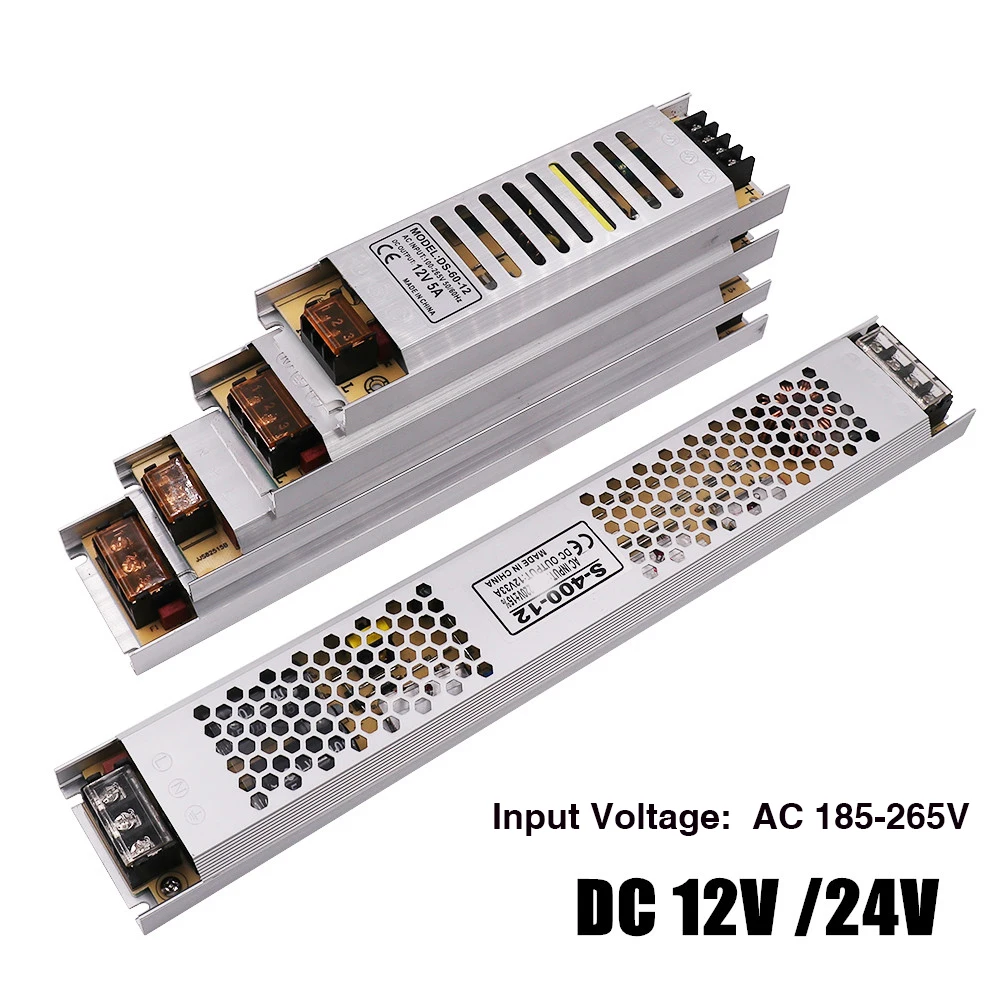 Ultra cienki zasilacz LED DC 12V 24V transformatory oświetleniowe 25W 100W 150W 200W 350W 300W 400W AC 185-265V sterownik do taśmy LED