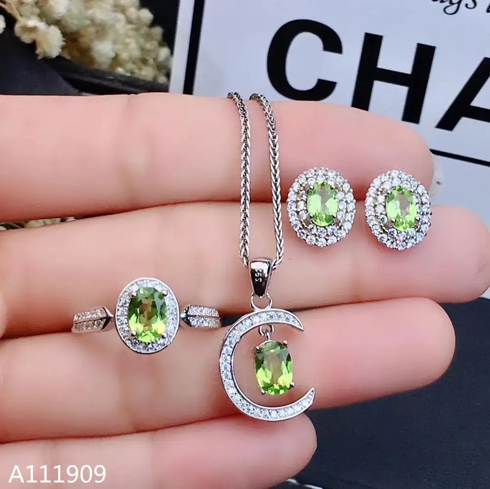 

KJJEAXCMY boutique jewelry 925 sterling silver inlaid Natural Peridot Ring Earring Necklace Women's Set Support Test fine