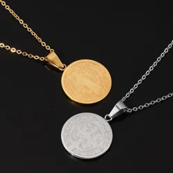 Catholic Priest Saint Benedict Round Pendant Necklace Men's Necklace Fashion Metal Cross Pattern Pendant Accessory Party Jewelry