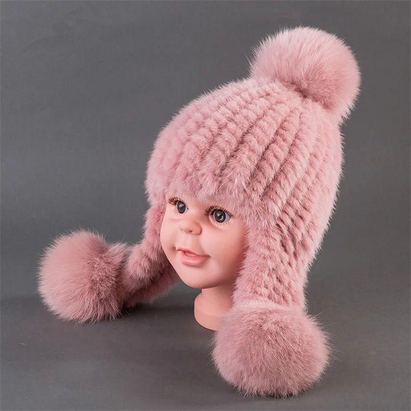 Kids Hat Winter Boy Warm Real Mink Fur Hats for Girls Natural Fox fur Pompom Cap with Earflap Children  H39