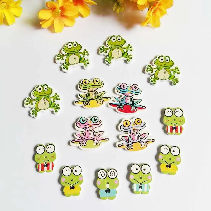 50pcs/lot  Mixed Cartoon frog shape Wooden buttons Scrapbooking for Crafts Decorative buttons 2 Holes