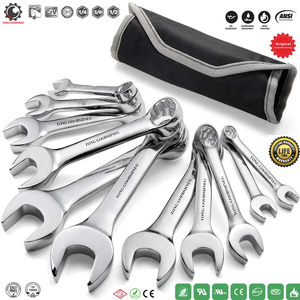 

Stubby Combination Wrench Set,11-piece 6MM-17MM,12-Point, Chrome Vanadium Steel Construction Open-End Wrenches Hand Tools