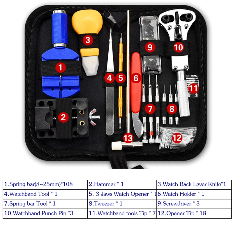 147pcs/lot Watch Repair Tools Kit Watchband Spring Bar Pin Adjust Watch Back Opener Watch Movement Screwdriver Tools Tools